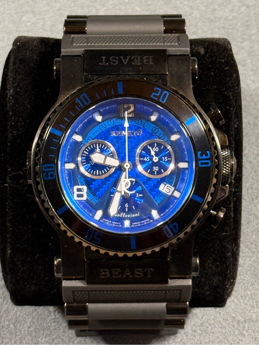 Renato Beast Limited Edition 10/25 Black Metal Chronograph Watch Blue Dial
